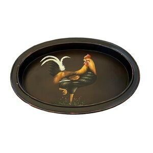 Wood Rooster Tray Oval Distressed Black Red Platter Folk Art Hand Painted  18.5”